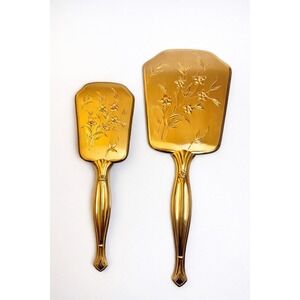 Vintage Gold Floral Vanity Mirror & Hair Brush Set Art Deco Hollywood Glam